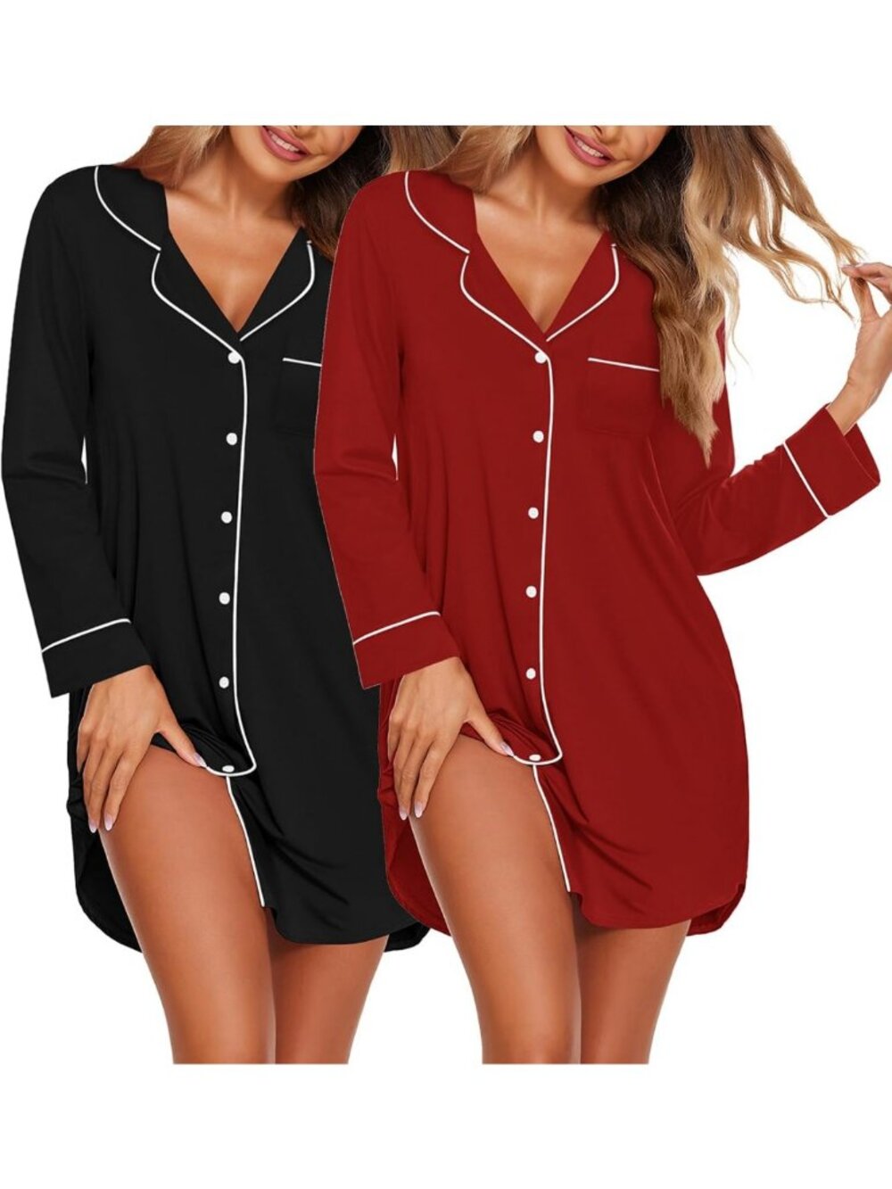 Cozy Long Sleeve Button Down Nightgowns for Women - 2 Pack Sleep Shirts